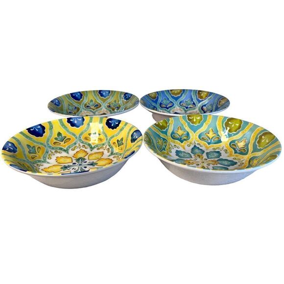 4 LAURIE GATES MOROCCAN BOHO MELAMINE CEREAL SOUP BOWL BLUE YELLOW GREEN 8.75 - Picture 3 of 11